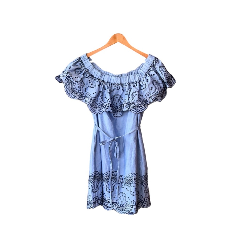 New York & Company Chambray Blue Off The Shoulder Dress Ruffle Embroidered Med